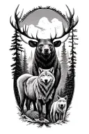 alaska forrest themed half sleeve with a bear, moose, wolf and caribou standing in the middle tattoo design idea