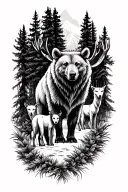 alaska forrest themed half sleeve with a bear, moose, wolf and caribou standing in the middle tattoo design idea