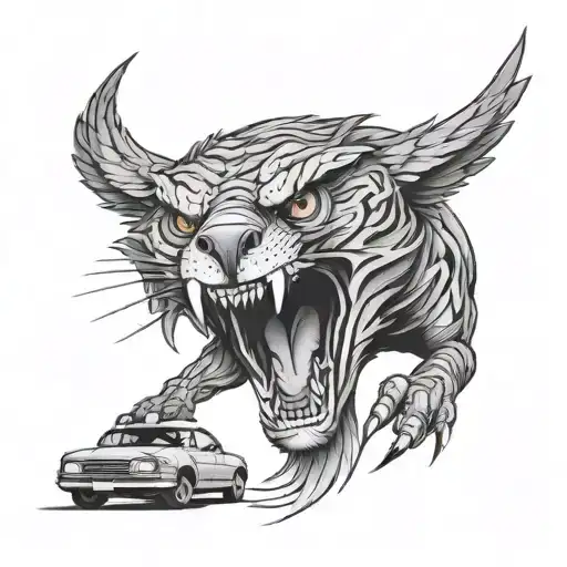eagle with a saber tooth tiger head clenching a car in its talons  tattoo design idea