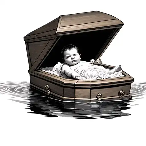 baby in casket on water tattoo design idea