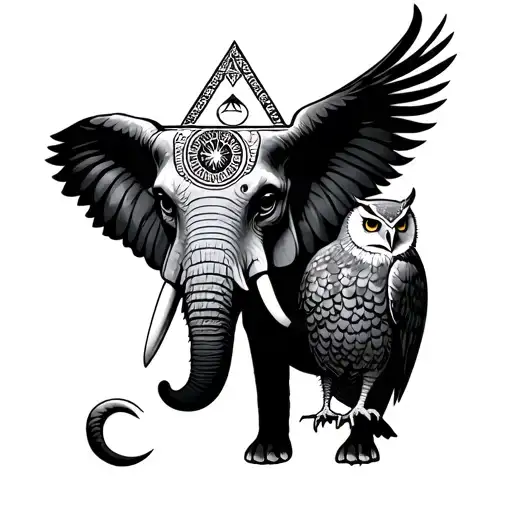 EYE OF PROVIDENCE WITH AN ELEPHANT AND OWL tattoo design idea