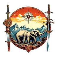 elephants going over mountain range also with a compass and a sword tattoo design idea