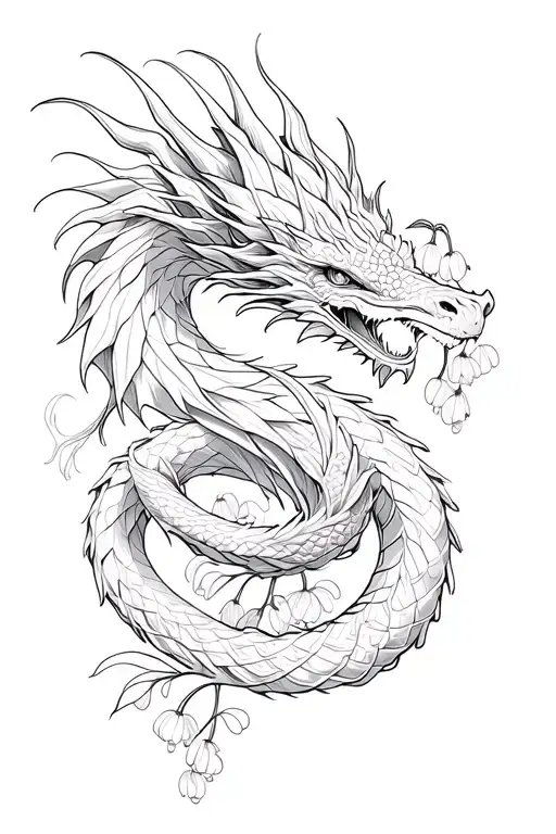 dragon, lily of the valley flower intertwined tattoo design idea
