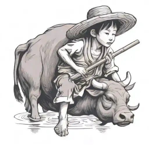 straw hat child farmer playing bamboo flute sitting on water buffalo tattoo design idea