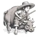 straw hat child farmer playing bamboo flute sitting on water buffalo tattoo design idea