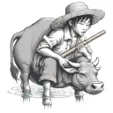 straw hat child farmer playing bamboo flute sitting on water buffalo tattoo design idea