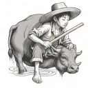 straw hat child farmer playing bamboo flute sitting on water buffalo tattoo design idea