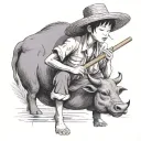 straw hat child farmer playing bamboo flute sitting on water buffalo tattoo design idea