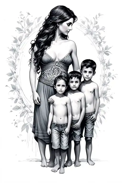 A mother guarding 3 sons different ages tattoo design idea