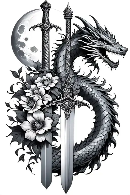 dragon intertwining a sword with flowers and a moon  tattoo design idea