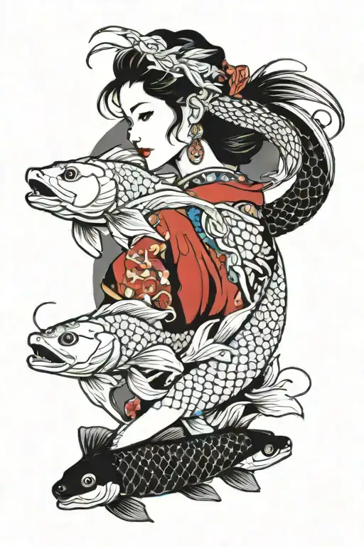 koi fish and dragon  around Japanese women face tattoo design idea