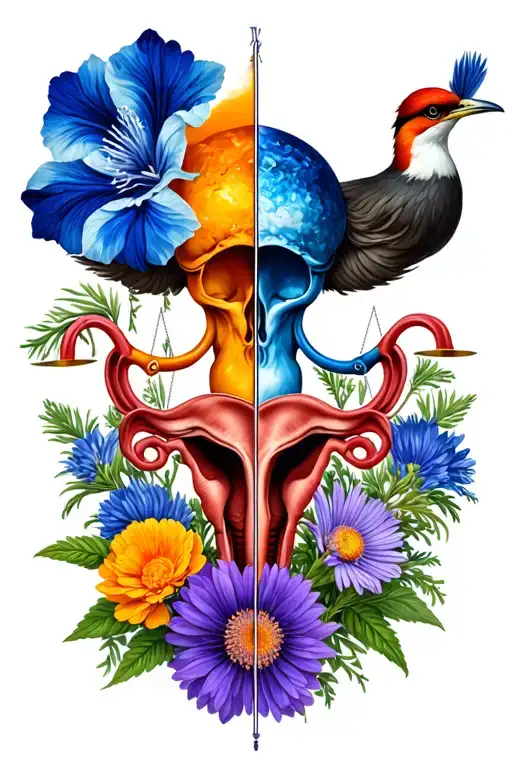Uterus Libra scale with one side with aster, morning glory, dill hawk, blue, sapphire,  and the other side with marigold tattoo design idea
