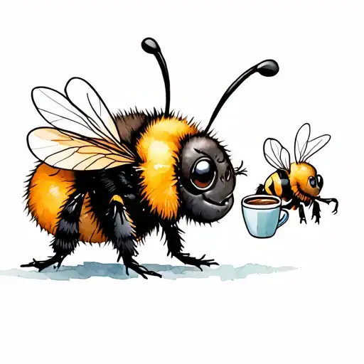 cute fat bumble bee with 2 bees one drinking coffee and one gaming tattoo design idea