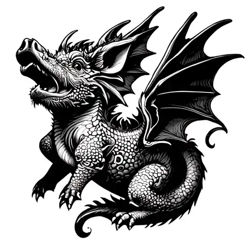 pig and baby dragon flying tattoo design idea