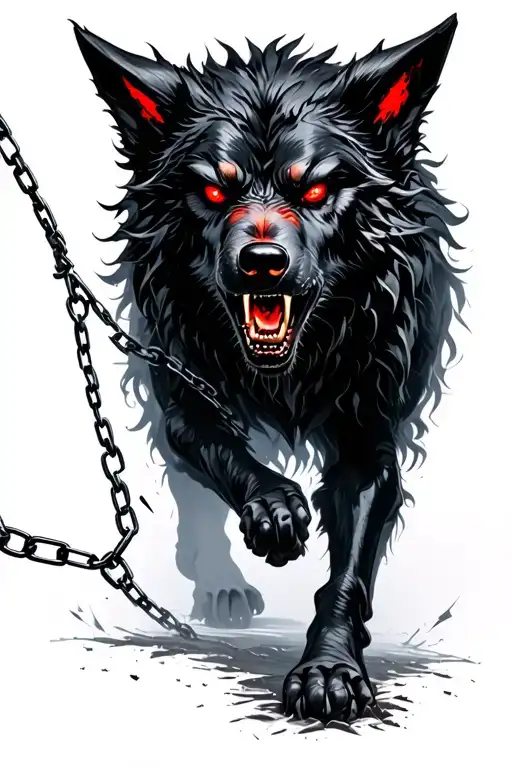 angry fenrir glowing red eyes Black walking towards with broken chain tattoo design idea