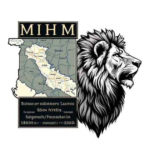 lion with a map of bosnia and text MIHM tattoo design idea