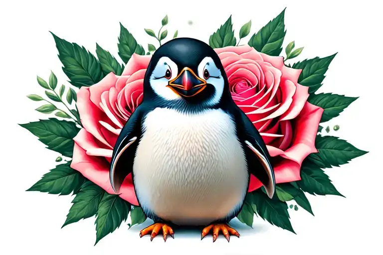 penguin enduring a rose tattoo design idea