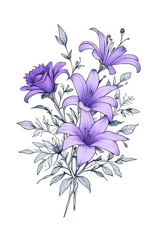 violet, lily, rose, aster bouquet tattoo design idea