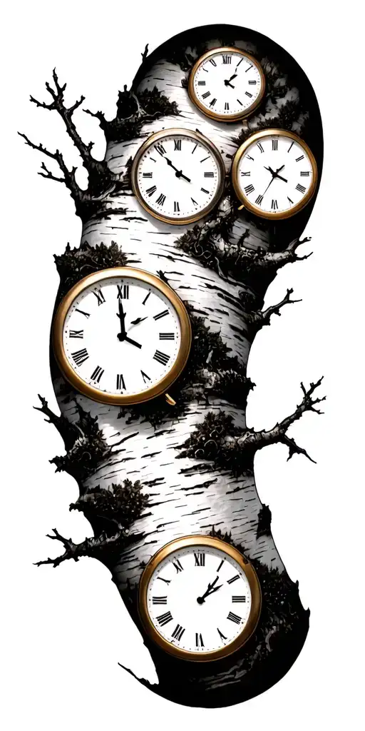 birch tree white branches with exactly 3 clocks tattoo design idea