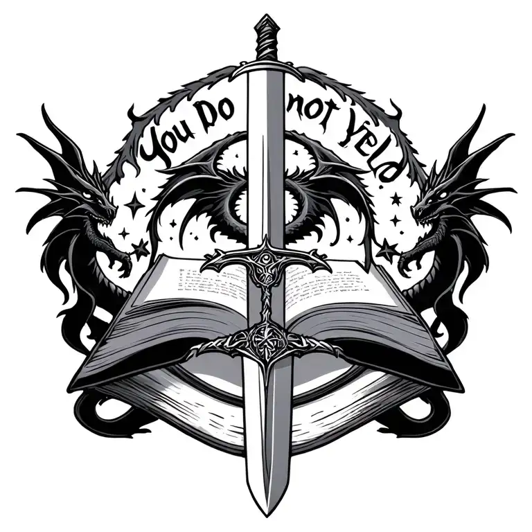 "You do not yield " romantasy book tattoo design featuring dragons and stars and the sword from throne of glass tattoo design idea