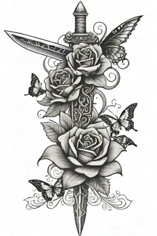 feminine sword with roses butterflies and lotus   tattoo design idea