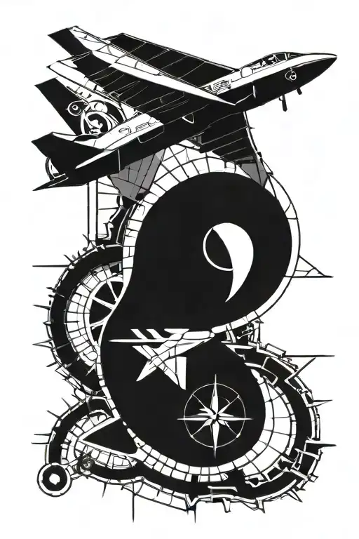 fibonacci sequence with compass design and fighter jet  tattoo design idea
