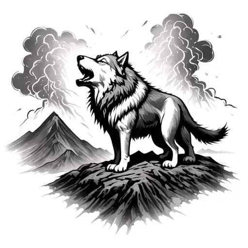 Sigma wolf howling in a thunderstorm on a erupting valcano tattoo design idea
