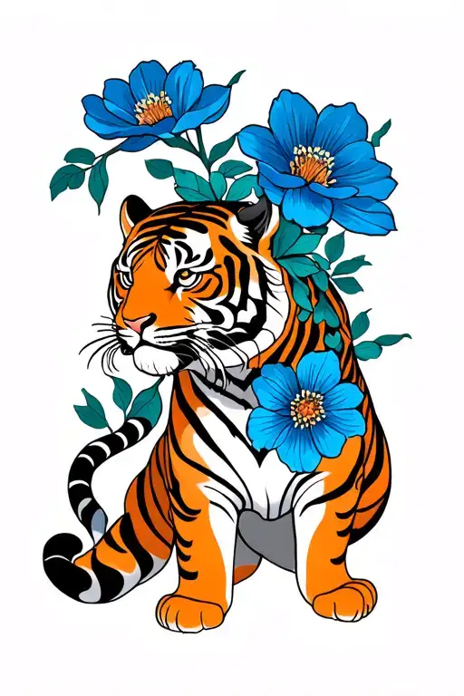tiger with blue flowers japanese style tattoo design idea
