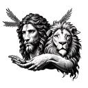 Christian forearm tattoo. Jesus, lion of Judah, lamb of God, masculine tattoo design idea