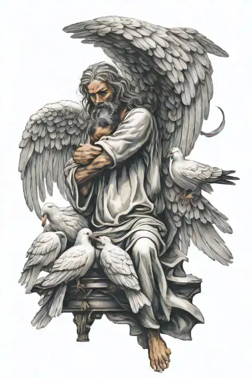 Sad angel with drooping wings being lifted up to heaven by two doves holding him by the shoulders tattoo design idea