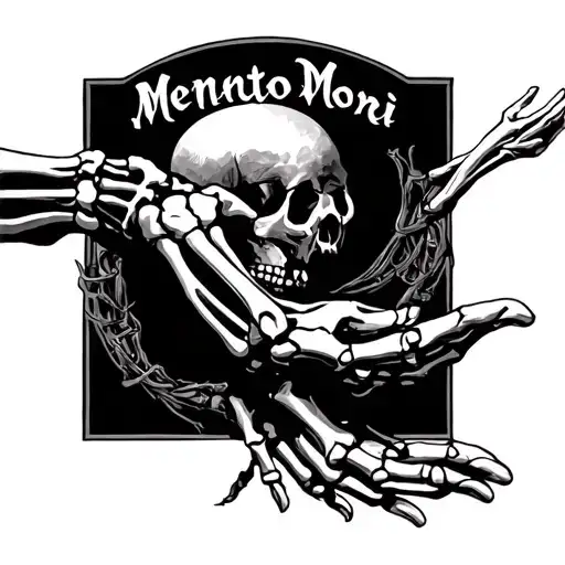 It is a skeleton hand and a human hand recreating the "Creation of Adam" with the words "Memento Mori" above it. This is tattoo design idea