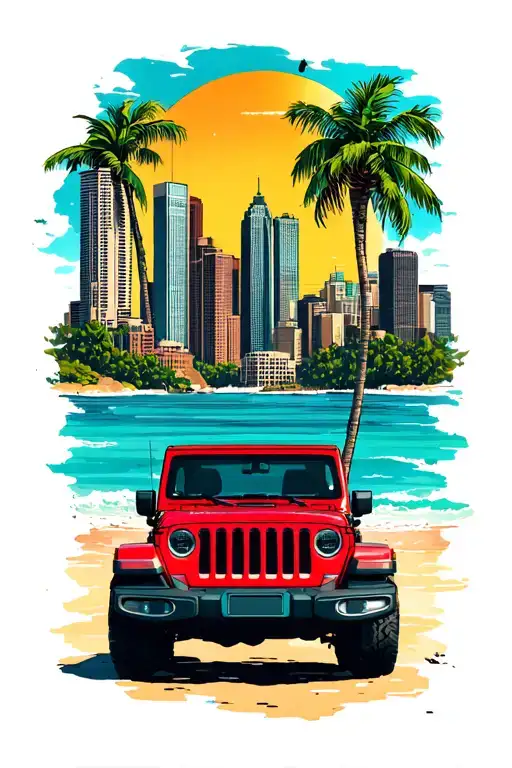 sunshine, Atlanta skyline, 2 door red Jeep wrangler, beach, palm trees, coffee, gay, vinyl record tattoo design idea