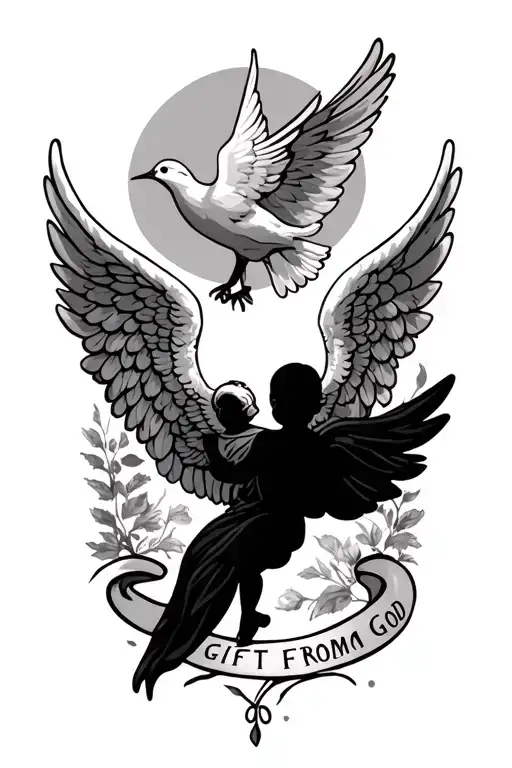 black baby angel wings with a dove and the word gift from god under them tattoo design idea