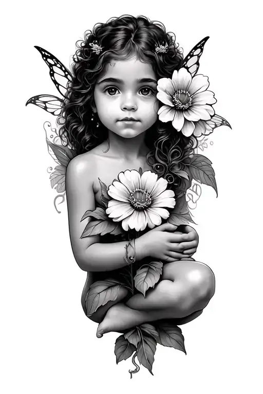 fairy child sitting, july birth flowers, name Leilani tattoo design idea
