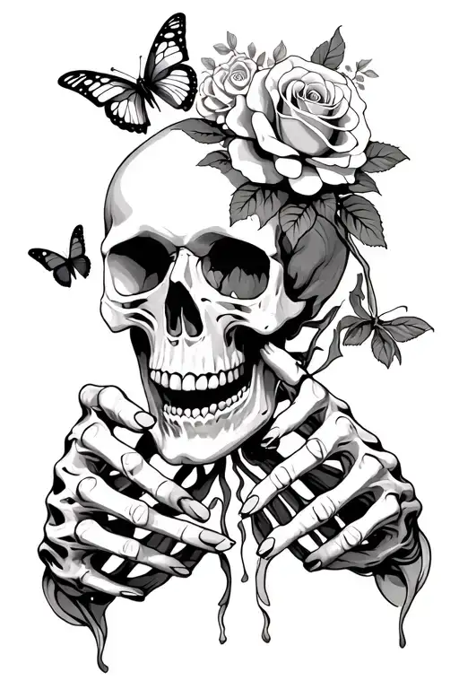 skeleton hands gripping a skull with an open mouth and have roses and ither flowers and butterflies incorperated into it tattoo design idea