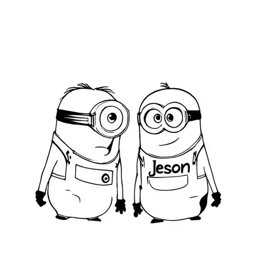 Generate me a tattoo of two minions who tattoo each other's forehead with the word "Jesson" tattoo design idea