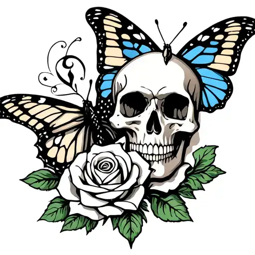 Virgo symbol with a butterfly, skull, and rose tattoo design idea