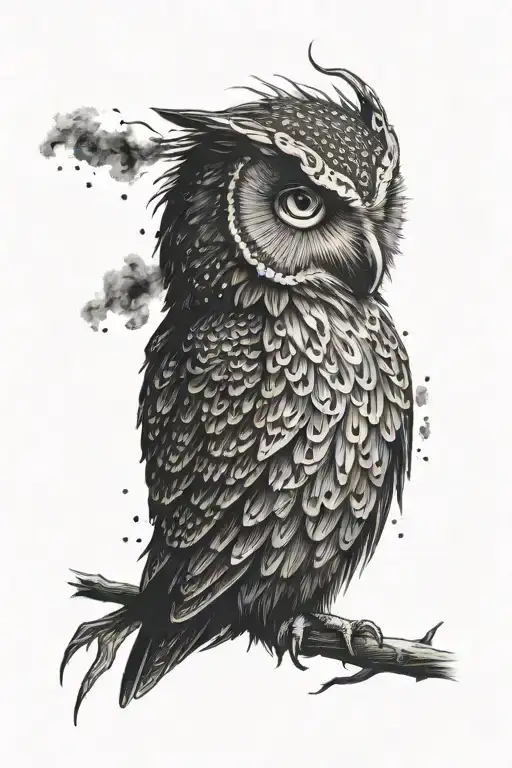 the owl looks away, only his head, an angry look, smoke from his eyes tattoo design idea