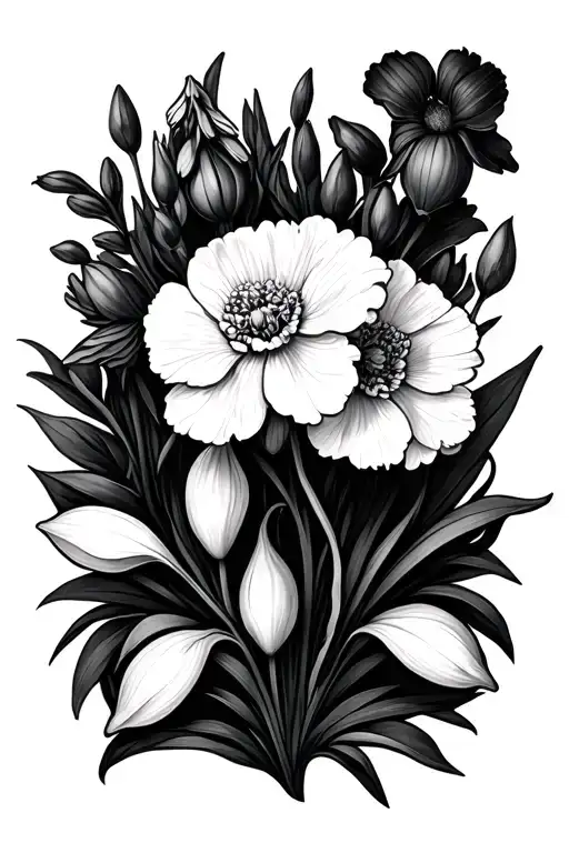 carnation snowdrops primaries iris daffodils Lilly of the valley hawthorn honeysuckles marigolds tattoo design idea