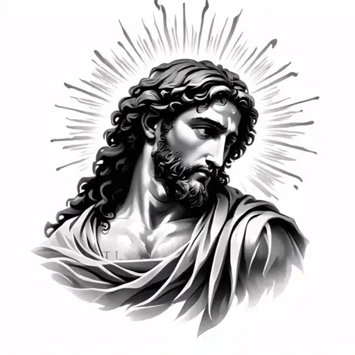 "Black and grey chest tattoo, left side, spiritual concept portraying a powerful, divine son of God without showing Jesu tattoo design idea