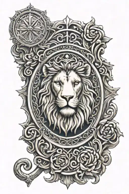 Saint Benedict medal, filigree and Lion of Judah symbolizing strength and royalty tattoo design idea
