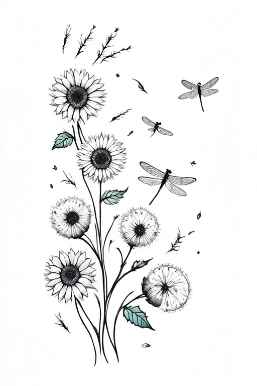 sunflowers, dragonflies, dandelion seeds tattoo design idea