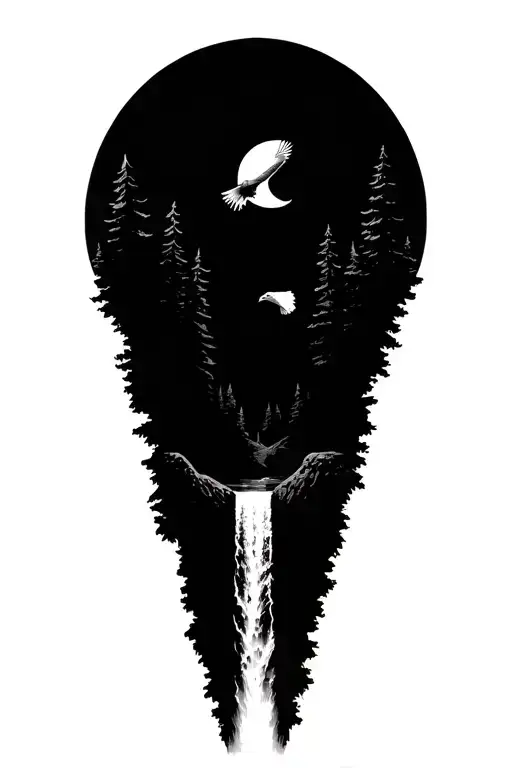 forest with a waterfall in the middle and a bald eagle flying with a moon in the background tattoo design idea