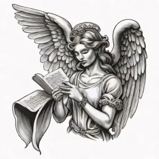 female angel holding an open scroll letter tattoo design idea