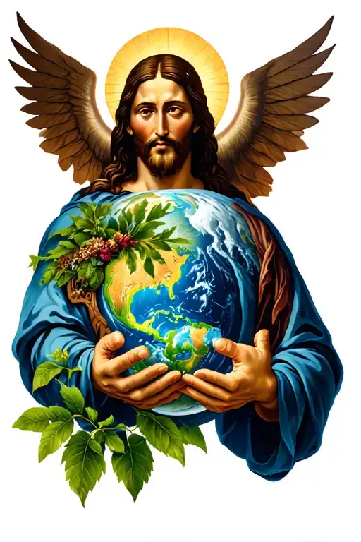 Ok I want a sleeve tattoo on my arm that represents God or Jesus in his hands holding the Earth that has the garden of E tattoo design idea