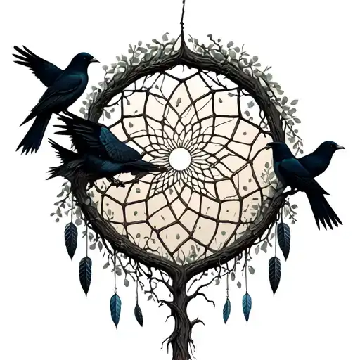 tree of life half dead half alive with crows built into the background of a dream catcher tattoo design idea