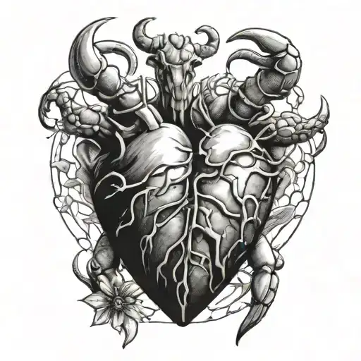A realistic heart from which a ram and a crab burst out tattoo design idea