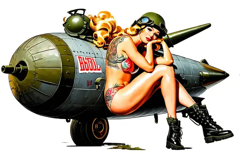 1940's pinup modest sitting on WWII missile, vintage bikini, combat boots, army helmet with goggles, blonde windblown tattoo design idea