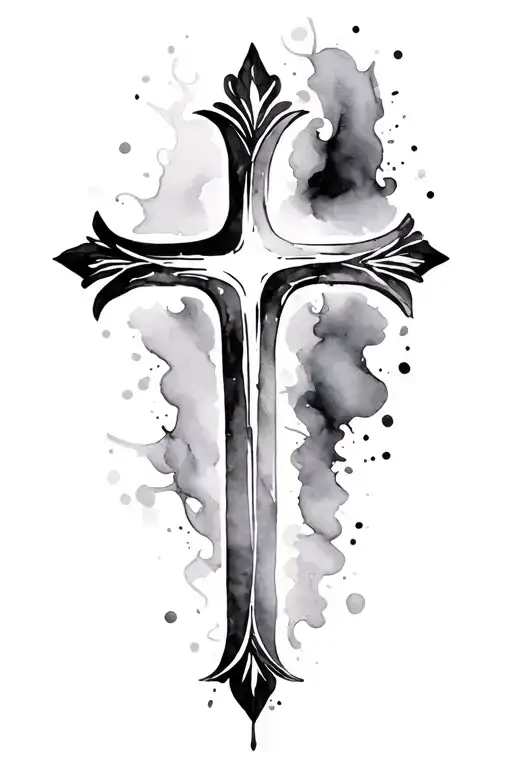 A black and white decorative cross with watercolor wisps around it tattoo design idea