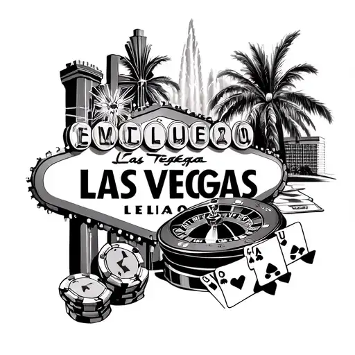 Las Vegas Sign, Roulette wheel, craps, cards and Bellagio Fountains form the backdrop tattoo design idea